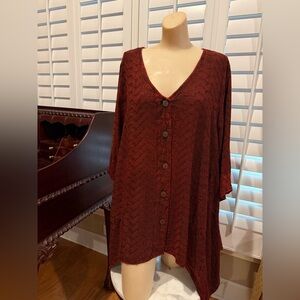 Sacred Threads wow!!! Deep Rust Embroidered Tunic with deep v and long side hems
